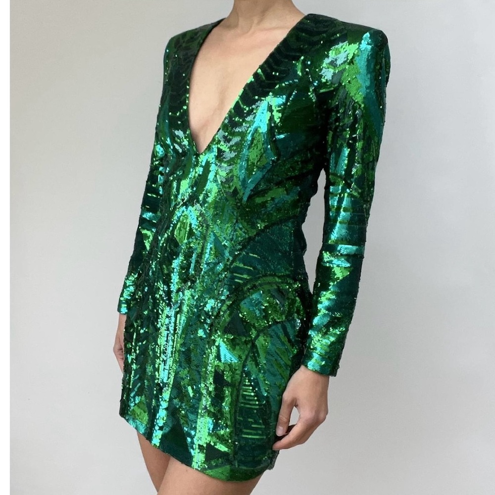 BALMAIN- Mosaic Plunging Emerald Sequin Mini